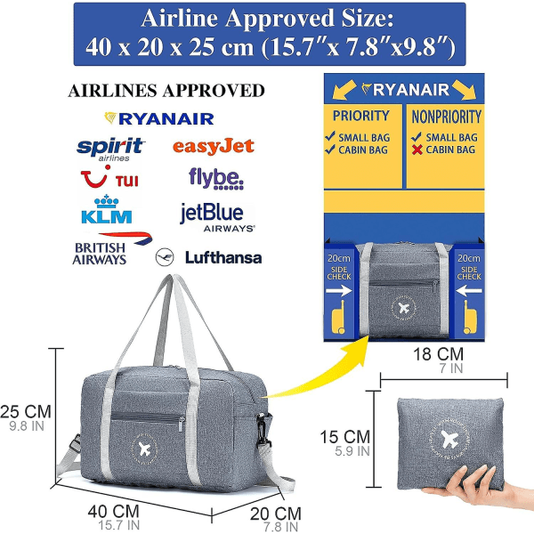 Käsilaukku 40x20x25 matkakassi 2 kpl kokoontaittuva istuimen alla oleva matkustamolaukku Vedenpitävä viikonloppulaukku Kevyt kantolaukku olkahihnalla F 40x20x25cm Ryanair Gray
