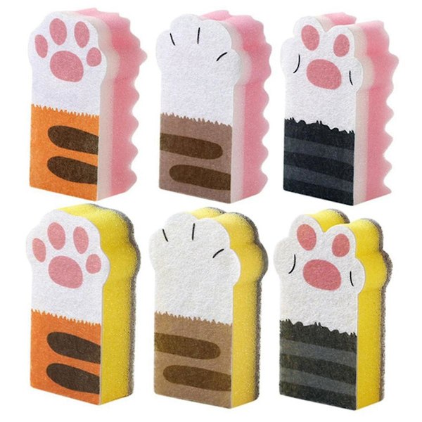 Cat Paw Dishwashing Sponge Scouring Sponges Cleaning Sponges Non-Woven Fabric 6 Pieces