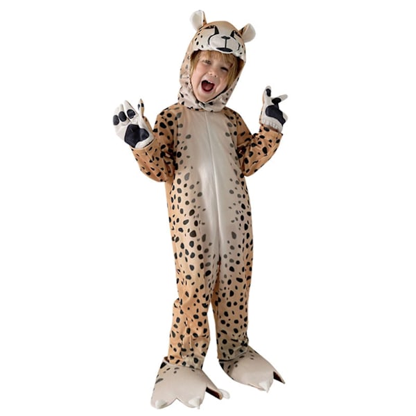 Leopard Katt Jumpsuit Barn Halloween Party Cosplay Med Huvudbonad Leopard Kostym brown S(105-115)