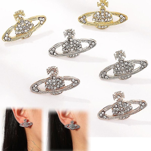 Krystal Saturn Hjerte Orb Drop Dangle Stud Øreringe Rhinestone Sølv Guld Rose Gold