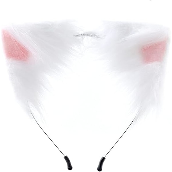 Räv konstgjord päls svans kattöron pannband Halloween fest kostym halsband choker cosplay set för kvinnor White