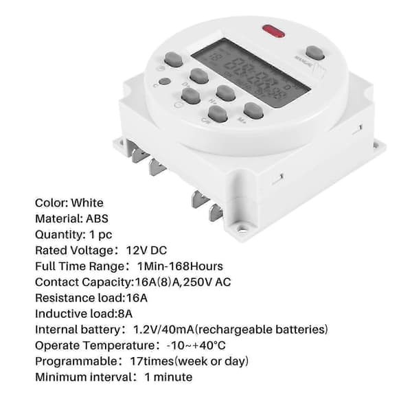 LCD Digital Kontrol Strøm Programmerbar Timer DC 12V 16A Tidsrelæafbryder Udgave 0627