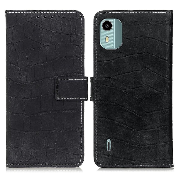 För Nokia C12 4G/C12 Pro/C12 Plus Reptåligt PU-läder case Stativ Flip Phone Cover Black