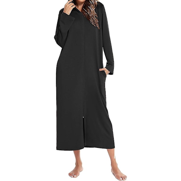 Naisten pitkä kylpytakki hupulla, vetoketjullinen aamutakki, täyspitkä, yksivärinen Black XL