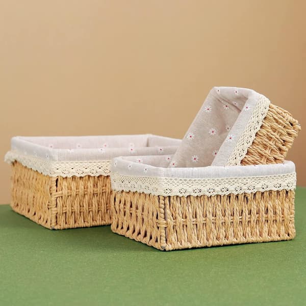 Set of 3 Rattan Baskets, Small Rectangular Rattan Baskets with Linen