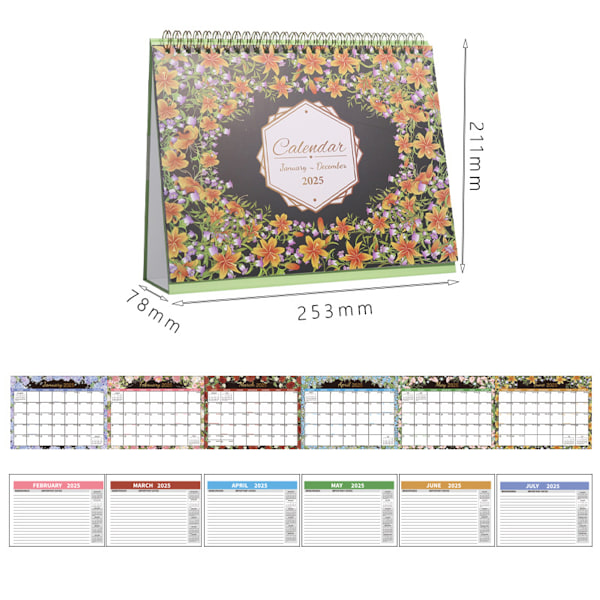 2025 Skrivbords kalender, 2025 Stående Vikbar Skrivbords kalender, Januari 2025-December 2025, Med Anteckningssidor, Helgdagar och Stort Anteckningsområde, Färgglada Blommor style3