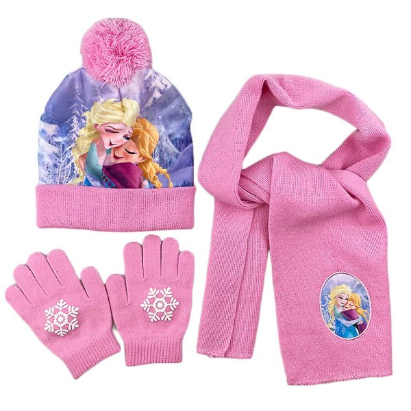 3-8 år Børn Piger Frosne Elsa Anna Minnie Printet Vinterstrikket Beanie Hat Tørklæde Handsker Sæt B