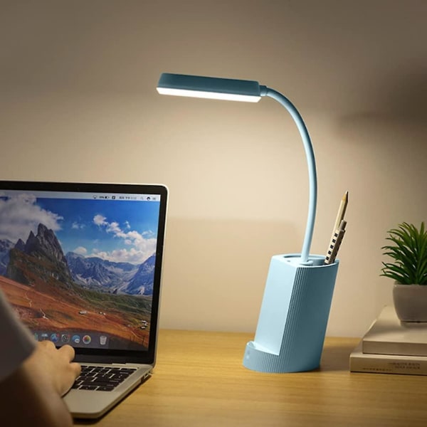 Skrivebordslampe Mini Skrivebordslampe Sengelampe Usb-port Dæmpbar øjenbeskyttelse med 2 lysstyrkeniveauer Penholder Bordlampe til natlys (blå)