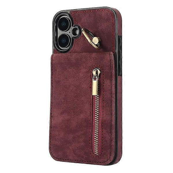 Kompatibel med iPhone 16 Plus-deksel RFID-ringstativ Retro skinn+TPU Anti-fall telefondeksel WineRed