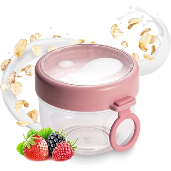 Overnight Oats Container, Yogurt Pot, 600ml PC Material Durable Cereal Cup with Spoon Handle for Yogurt Oats Salad, Light Breakfast Potsl (Pink)