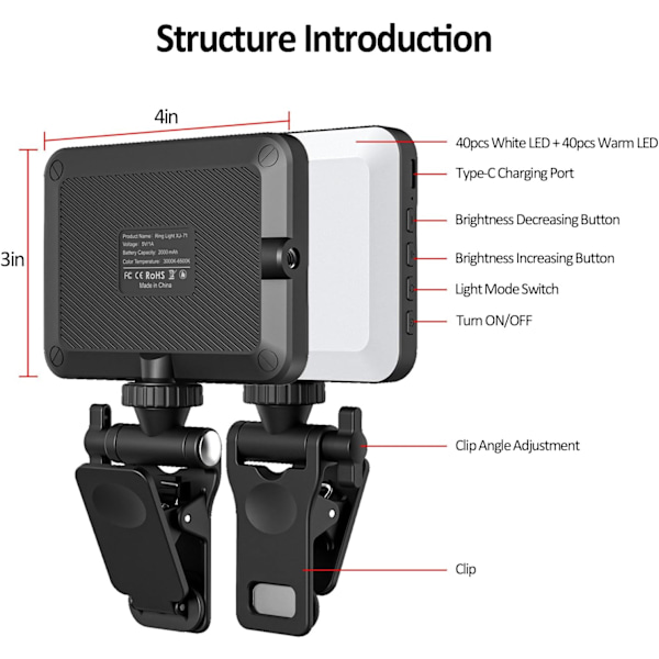 LED-videolys, oppladbar miniselfie-lys med klips for telefon, bærbar PC, nettbrett og datamaskin, dimbar fylllampe