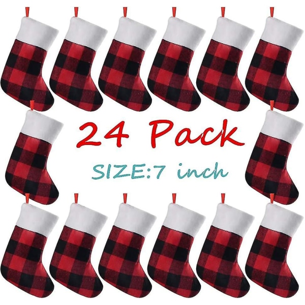 24 Pakke Mini Julestrømper. 7 tommer plaid med plys manchet små strømper gave