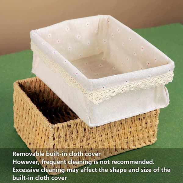 Set of 3 Rattan Baskets, Small Rectangular Rattan Baskets with Linen