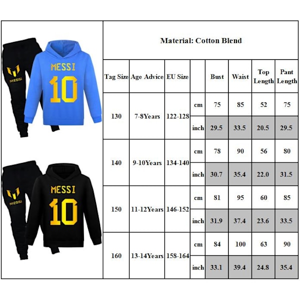 Messi Fotbollströja Set för Barn med Huvtröja och Byxor för Pojkar och Flickor Svart Black 160cm