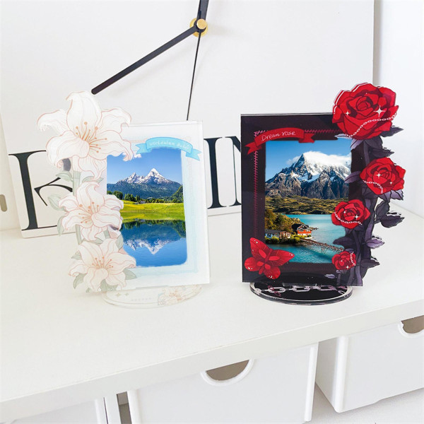 Akryl Kpop Fotolommeholder Rose Lily Blomster Tema Heavy Duty Stående Mini Idol Foto Stand Billedramme Borddekoration Tianyuhe Red A