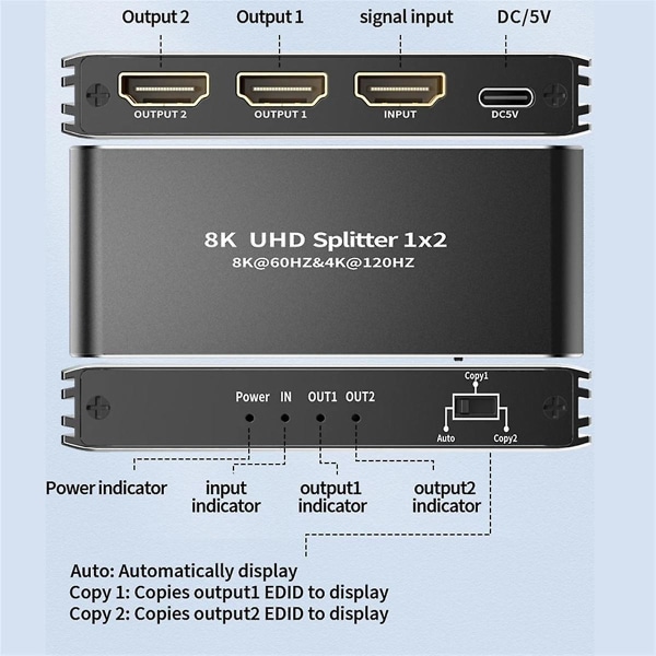 8K 60Hz -Kompatibel splitter 1 i 2 ut 4K 120Hz Støtte Vision ALLM HDR UHD VRR for /4 til TV Black