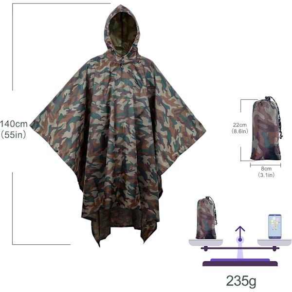 3 i 1 Multifunktionell Vattentät Poncho, Lätt och Snabbtorkande, Regnrock för Män & Kvinnor, Regnponcho, Kamouflageponcho