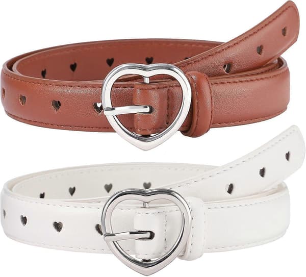 2-pack läderbälte för flickor, med hjärtformat spänne för byxor och klänning Brown and White