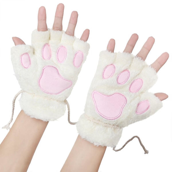 Kvinders Bjørn Plys Cat Paw Claw Glove Hvid Blød Vinter Fingerless Mitten Handsker Hvid