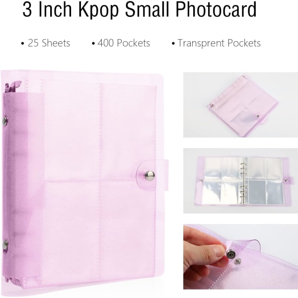 200 fickor Photo Binder Album, Kpop Mini Photo Card Pocket Book, 3 tums små fotokort för att samla bilder Lila
