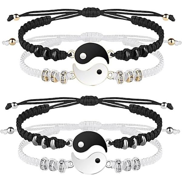 4 matchende Yin Yang-armbånd, justerbare håndlagde flettede armbånd, par armbånd, bestevennarmbånd (gull, sølv)