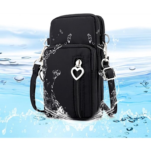Nylon Mobiltelefon Väska Dam Casual Crossbody Väska med Justerbar Rem Svart, Mobiltelefon Väska med Många Fack Plånbok Hjärta Dragkedja Mini Väska