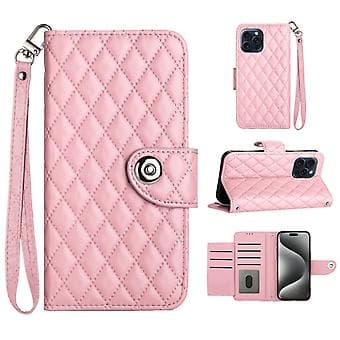 For iPhone 13 Pro Rhombus Pattern Flip Leather Phone Case with Lanyard Pink