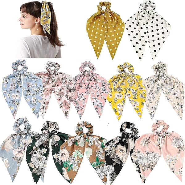 Chiffon Sløyfe Hårstrikker, 12 Stk Silke Lange Skjerf Hårbånd Elastisk Gave