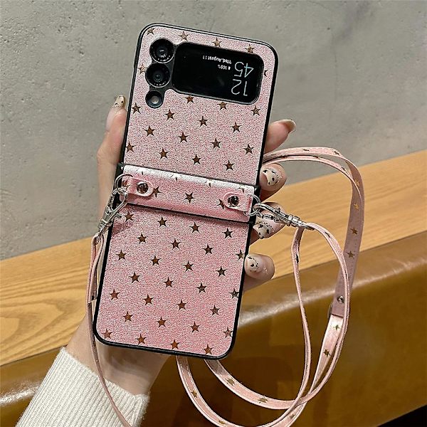 Samsung Galaxy Z Flip 4 Fodral för Kvinnor med Rem Glitter Stjärnor Crossbody Repskyddande Skyddande Skal Blå Pink