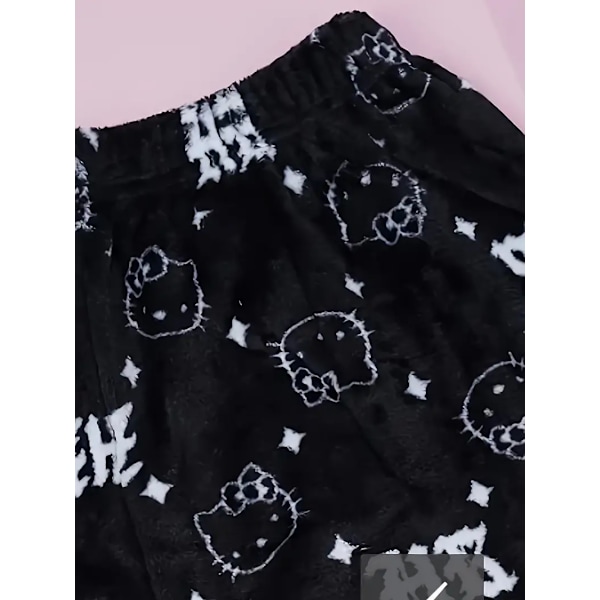 Tegneserie KT katt pyjamas tykke damer høst og vinter pluss fløyel varm fritid hjemme graffiti flanellbukser black XL