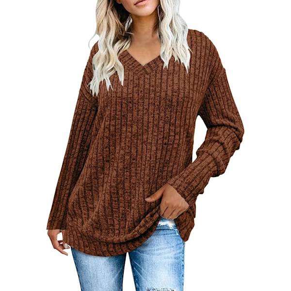 Dam tröja casual V-ringning långärmad stickad tröja klassisk enfärgad stretchig vinter varm pullover jumper toppar Brown S
