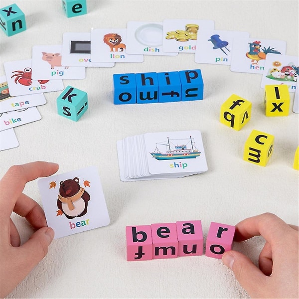 Ordstavespil Trælæsningsbyggeklodser med 40 kort bogstaver puslespil til førskolebørn Si