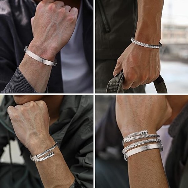 JeweBella 3 delar armband för män, silver/guld/svart rostfritt stål lyxiga romerska siffror armband manschett Justerbar öppet set