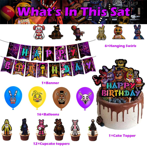 Fem netter på Freddys tema Bursdagsfestutstyr Dekorasjoner inkludert ballonger Cupcake Cake Toppers Bannersett