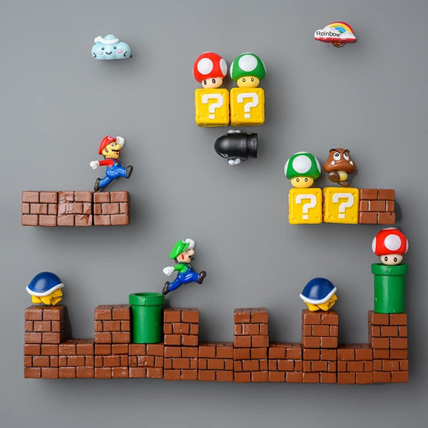 Set med 18 Super Mario Brothers 3D Mini Kylskåpsmagneter för Vittavla eller Skåp Gult, Grönt.