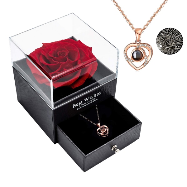 Forever Red Rose presentförpackning med halsband Real Eternal Rose med 925 Silver Halsband Rose Flower Smycken Present