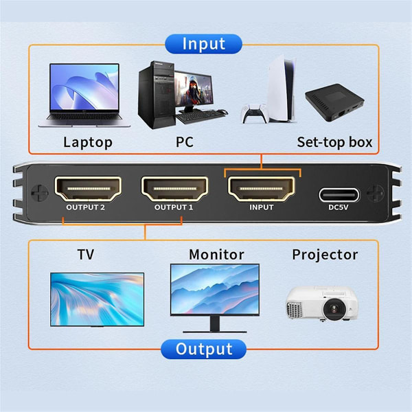 8K 60Hz-kompatibel splitter 1 ind 2 ud 4K 120Hz understøtter Vision ALLM HDR UHD VRR til /4 til TV Black