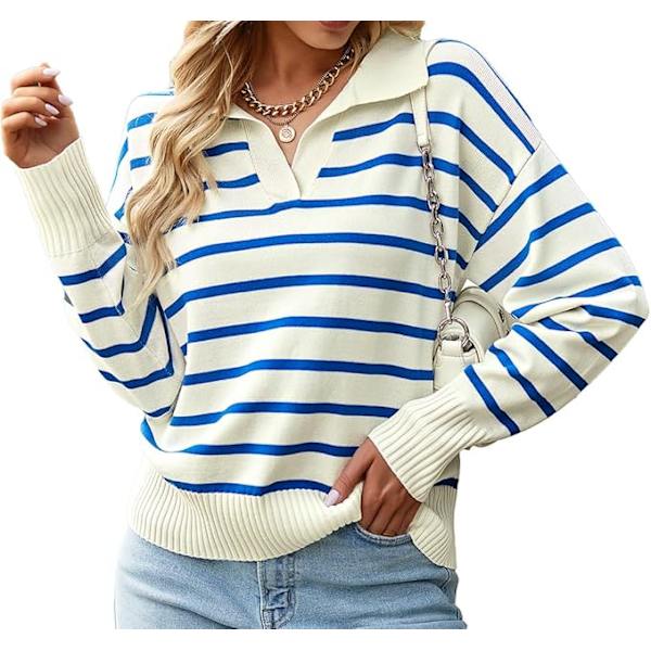 Dam Cardigan Sweatshirt Jumper Randig Långärmad Höst Vinter Streetwear Blue XL