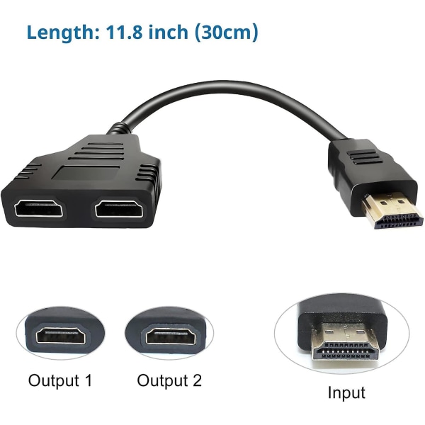 HDMI Splitter Adapter Kabel - HDMI Splitter 1 In 2 Out/hdmi Hane Till Dual HDMI Hona 1 Till 2 Way För HDMI Hd, Led, Lcd, Tv, Stöd för två TV-apparater samtidigt