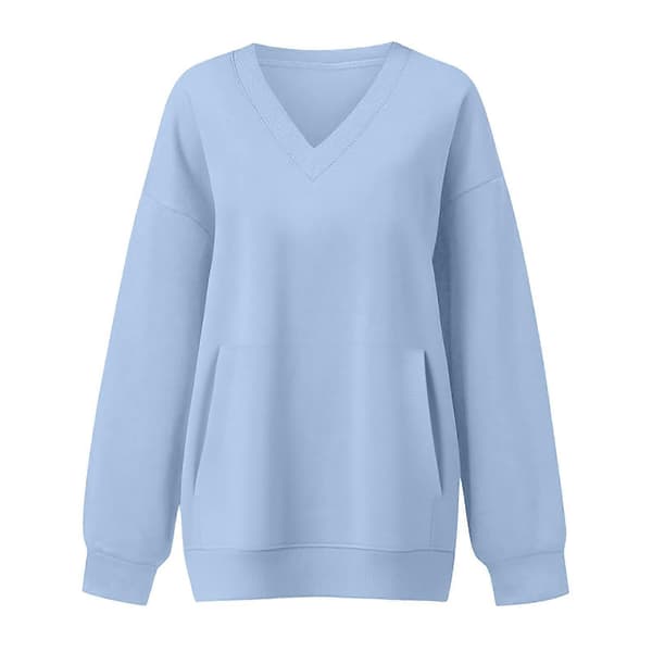 Dame V-hals Pullover Sweatshirt Blød Afslappet Langærmet Top Strækbart Stof Pullover med Lomme til Hverdagsbrug Sort S Black S
