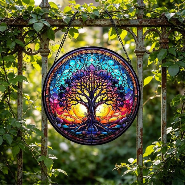 Tiffany-stil Roundel – Ekte glass og solid – for gave og hjemmeaksent – Håndlaget