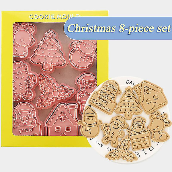 8 st/set Jul Cookie Cutters Stämpel Tomte Snöflinga Pepparkaksgubbe Biscuit Embosser Form Nyårsfest Dekor Bakverktyg D