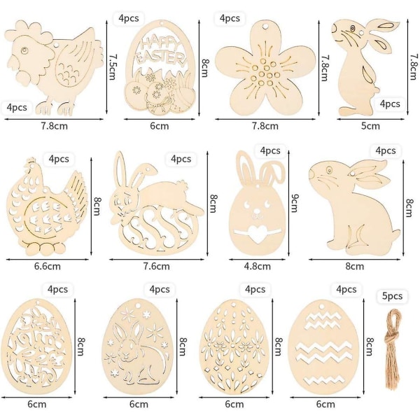 Påskhängande träskivor, 48 st påskhantverk prydnader, gör-det-själv påskhare kyckling äggklocka för påsk vår hängande dekoration hantverk