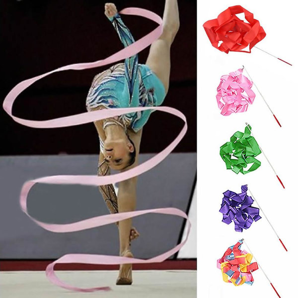 4M farverigt dansebånd Gym Rhythmic Art Gymnastic Streamer Twirling Rod Stick BoSaiD Pink