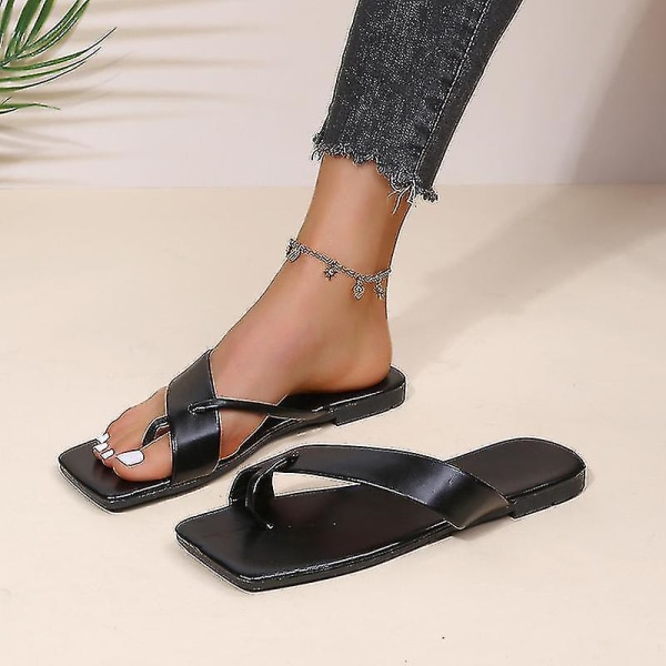 Dam Plat Square Peep Toe sandaler Slip-on Style Casual Skor med Anti Slip sula Sommar