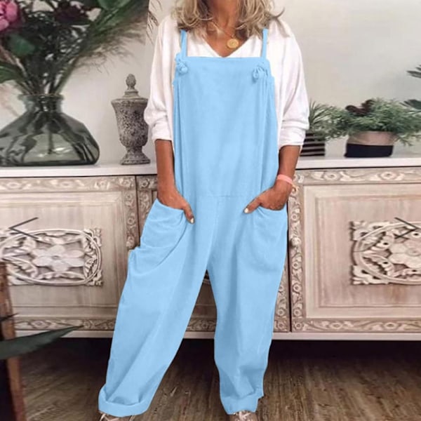 Dame Overall Afslappet Løs Dungarees Romper Baggy Playsuit Bomuld Og Linned Jumpsuit Light Blue XL