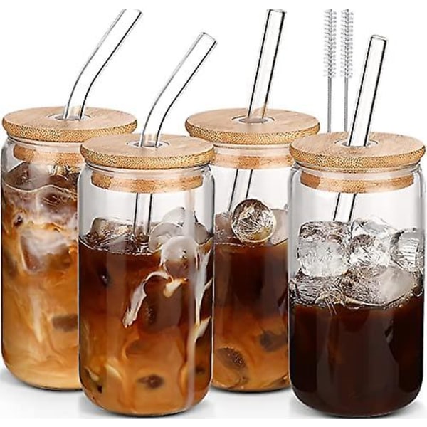 Glaskopper med låg og sugerør 4 stk, 16 oz iskaffe kopper med låg-øldåse glas med låg og sugerørsæt,drikkeglas Glaskopper som kaffebar