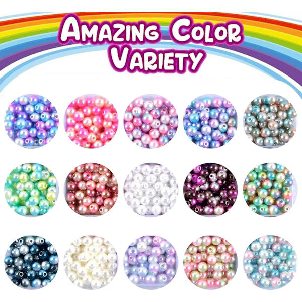 1200 stk. 6 mm runde perler, imiterede perleperler, ABS-plast, farverige, glatte perler, afstandsperler, kunstige