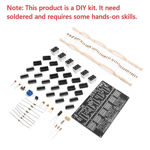 DC 4.5V-5.5V 6-biters digitalt kretsklokke-sett, elektronisk klokkeundervisning og praktisk opplæring, sveising og DIY-deler BlackTransparent