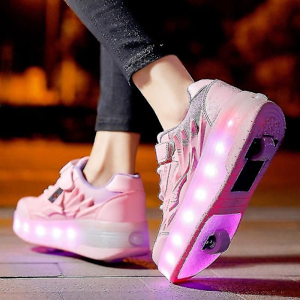 Lasten lenkkikengät, kaksipyöräiset LED-valokengät Q7-yky Pink 34